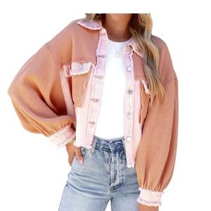 Chouyatou Women's Cropped Waffle Knit Jacket Boyfriend Button Down Shirt Shacket